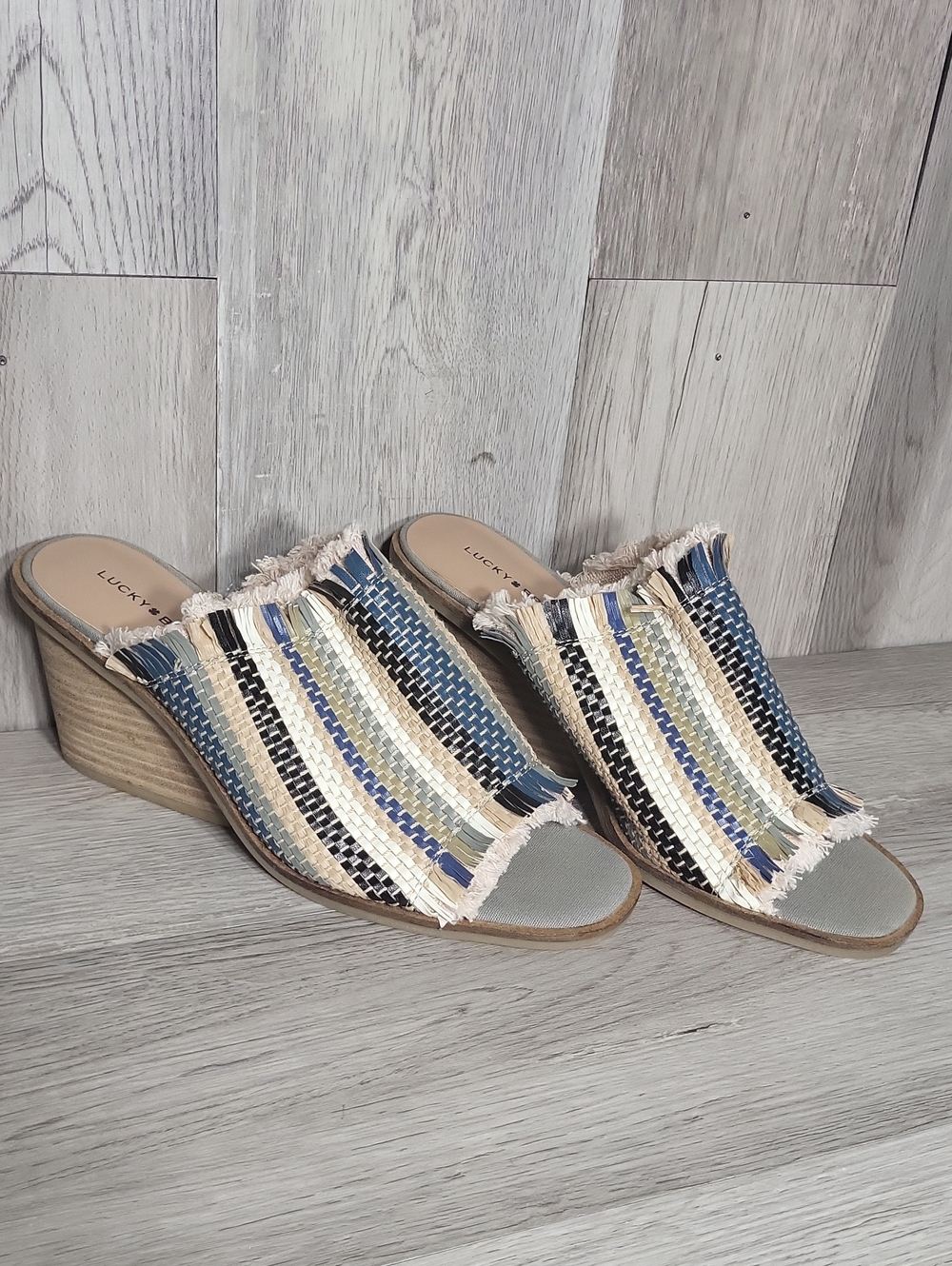 Lucky Brand Leyshia Wedge Chunky Heel Mule Shoes Woven Fringe Boho 8.5M